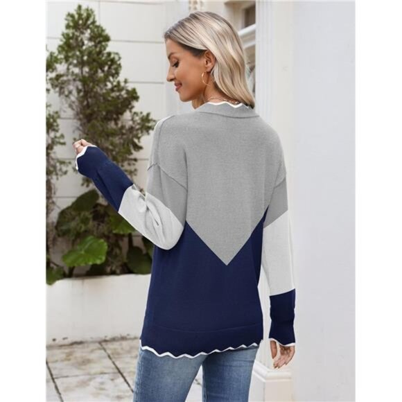 Women V Neck Sweater Fall 2025 Long Sleeve Lightweight Ribbed Knit Casual Top - Picture 2 of 7